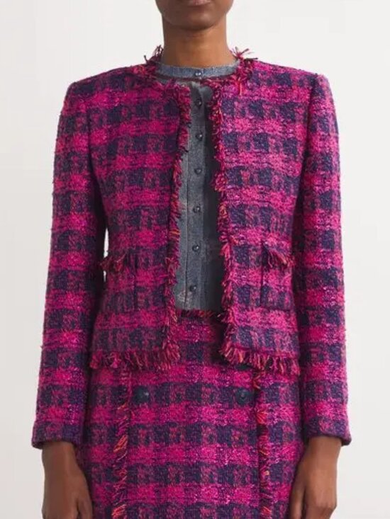 L'AGENCE Jackets & Blazers - NWT L'Agence Angelina Ruby Pink Tweed Blazer Size 0 Fringe Trim Open Front $695